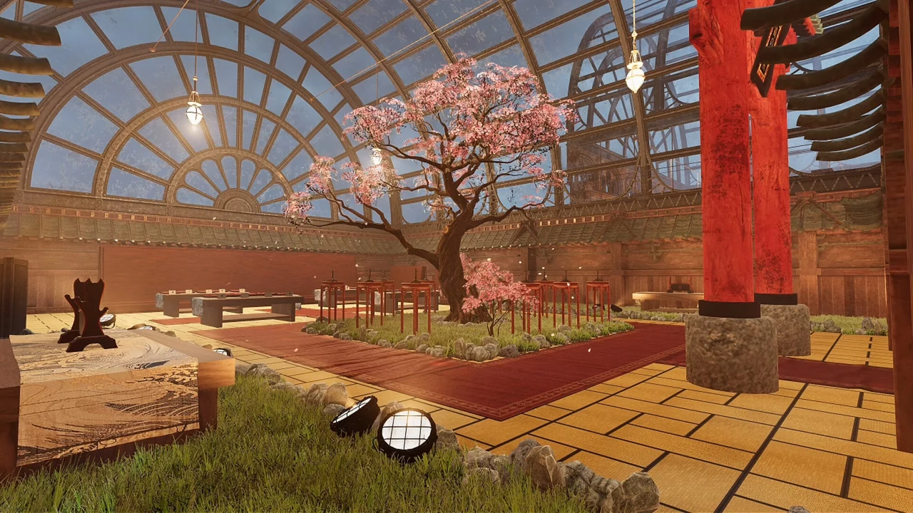 Official Museologist screenshot of a sunlit museum hall with a flowering tree and red display gates